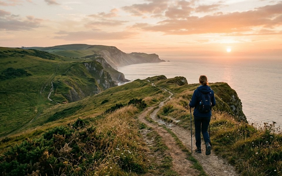Walker looking out over UK coastal cliffs at sunset, representing clarity and energy perspective