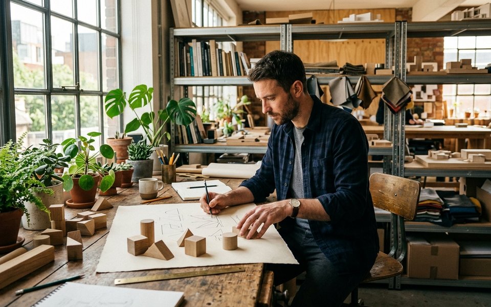 Professional testing small physical prototypes and sketching a 7-day direction plan in a sunlit studio