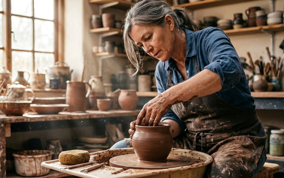 Ceramicist shaping clay on a wheel in a sunlit workshop, illustrating craft and action over theory