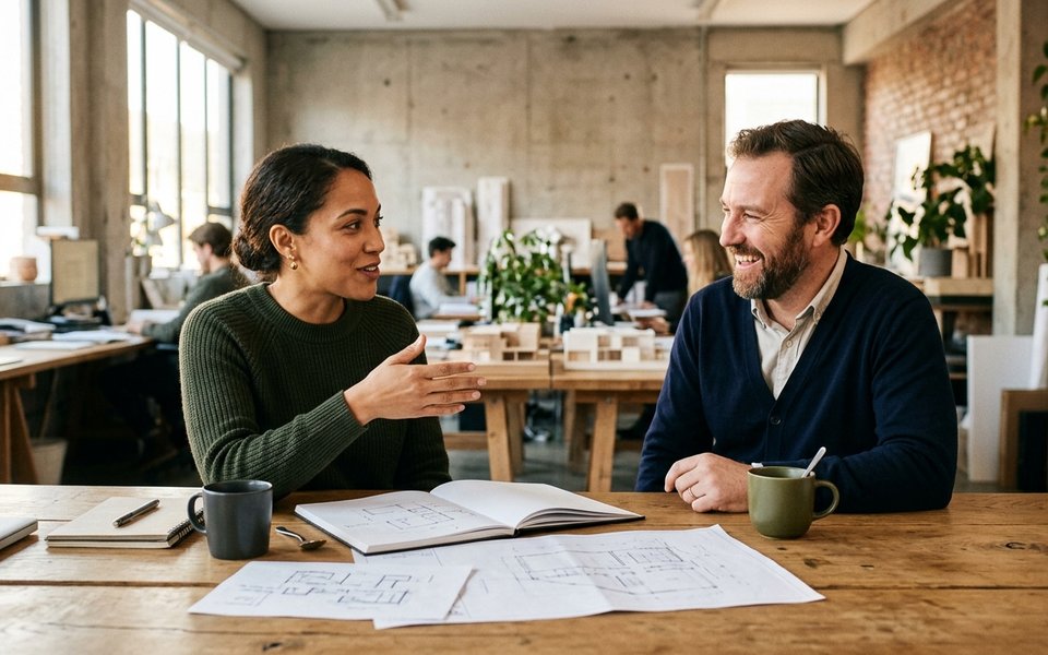 Two colleagues in a constructive career crafting conversation at a wooden studio table